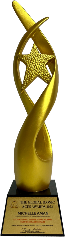 Global Iconic Inspirational Woman Business Leader Award trophy presented to Michelle Aman