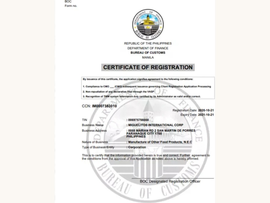 Bureau of Customs Certificate of Registration — Import License