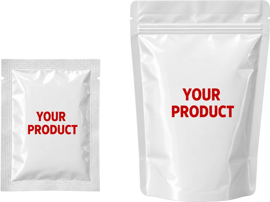 Blank sachet and stand-up pouch labelled Your Product